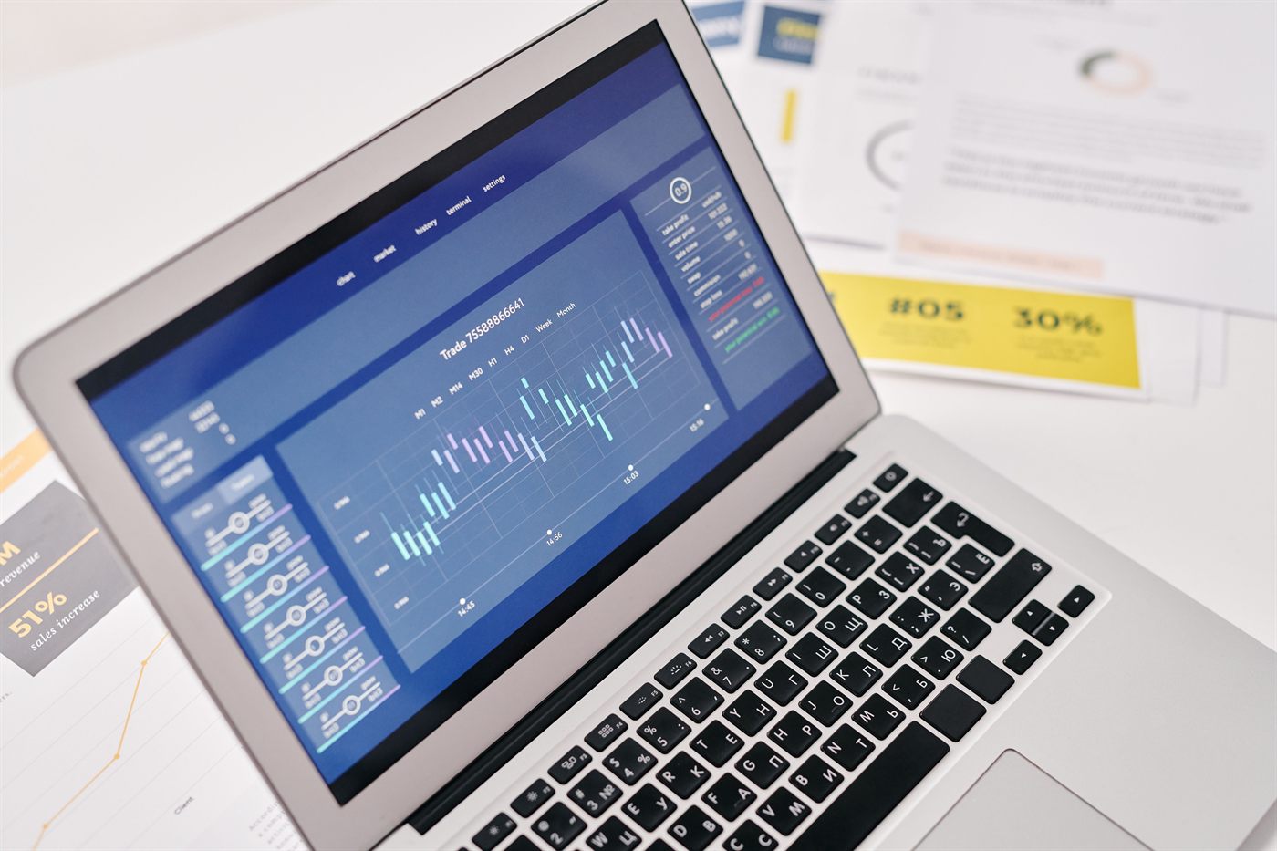 Laptop displaying a financial dashboard and analytics reports